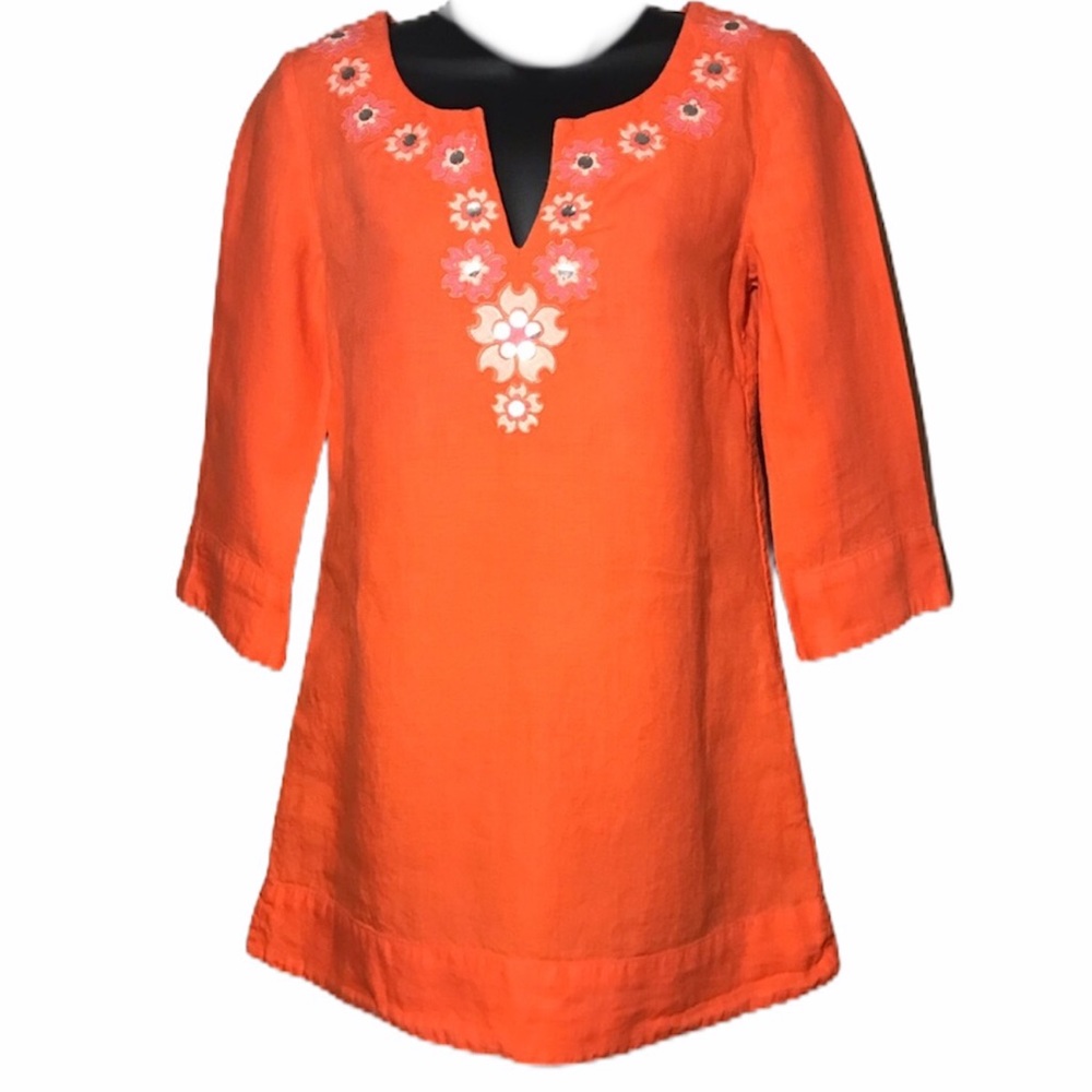 J. Crew Orange Linen Embellished Embroidered Tunic